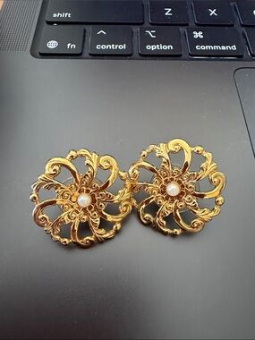 Vintage Avon Gold Filigree Floral Clip-On Earrings with Pearl Accent